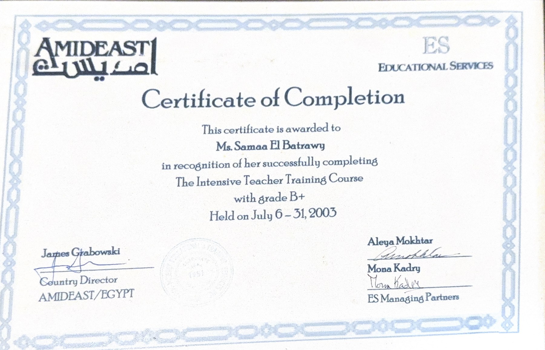 Intensive Teacher Training certificate